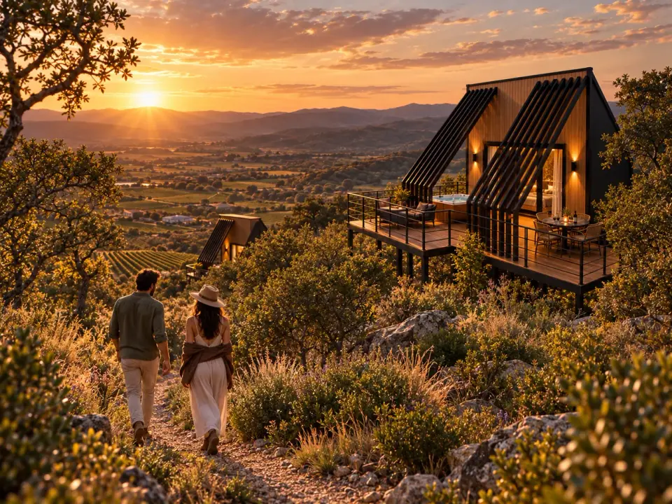 Pareja caminando por un sendero hacia las cabañas al atardecer